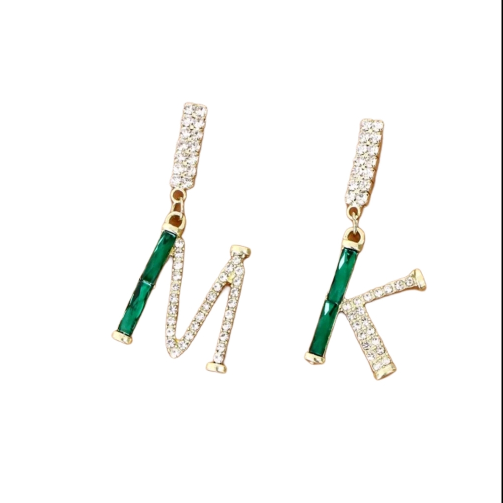Gold and Green Letter Earrings